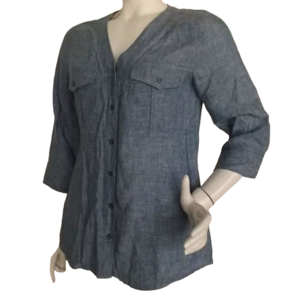 Orvis Top, M, Chambray Linen, Button Front/No Col… - image 3